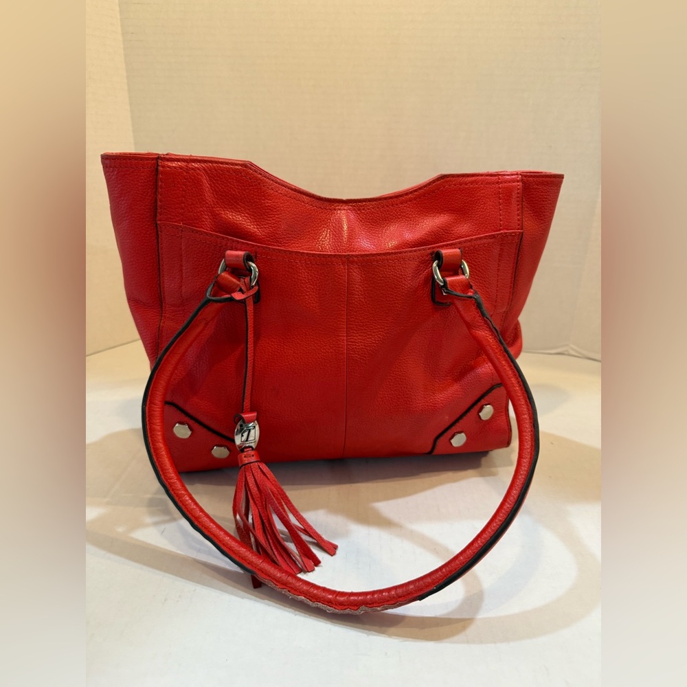 Tignanello Poppy Red Genuine Leather Rock City Satchel Studded Purse Bag